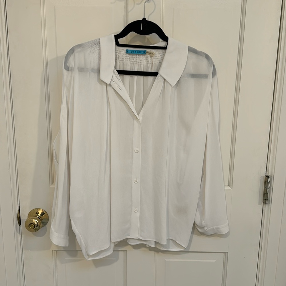 Alice + Olivia Sheer White Button Front Open Sleeve Blouse